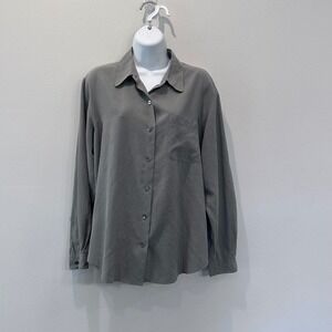 Lands End Womens Size 14 Silk Button Down Shirt Long Sleeve OD Green